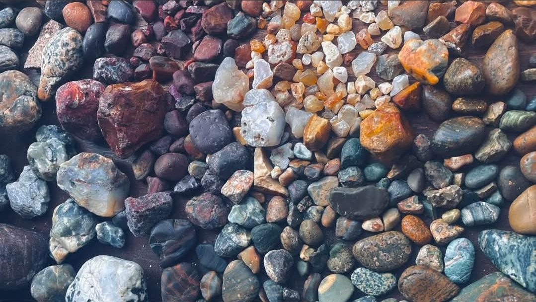 Colorful stones gathered from a riverbed